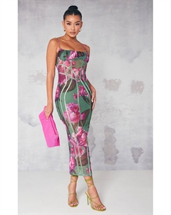 Зеленое платье мидакси с сетчатой ​​окантовкой и цветочным принтом Prettylittlething