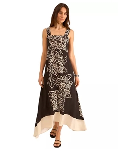 Женское бесшовное макси-платье без рукавов с квадратным вырезом и сборкой на спине в цветочном принте, серый Vince camuto