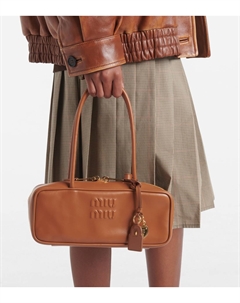 Сумка-тоут из тисненой кожи с красивым логотипом, Cognac Miu miu