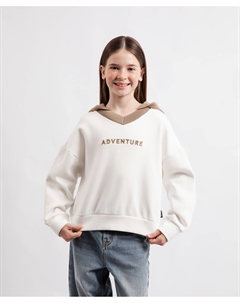 Худи для девочки укороченное с вязаной отделкой молочное Gulliver