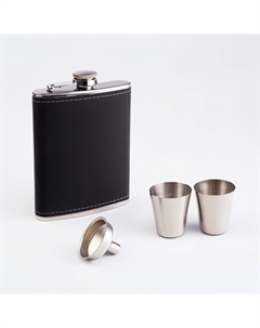 Подарочный набор 4 в 1, фляжка 240 мл, 2 стопки, воронка, нержавеющая сталь, экокожа, черный Nobrand