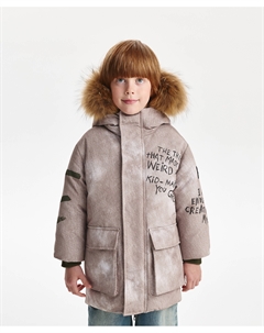 Полупальто для мальчика зимнее плащевое на искусственном пуху бежевое с принтом Gulliver