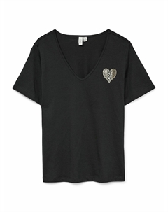 Футболка с V-образным вырезом с декоративным элементом в виде сердечка на груди черный Vero moda