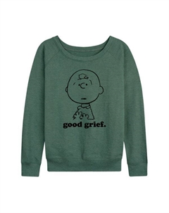 Женская футболка с длинным рукавом из французского трикотажа с изображением Чарли Брауна и доброго скорбного лица, цвет heather juniper green Licensed character