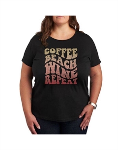 Плюс футболка с повторяющимся рисунком кофе, пляжа и вина, черный Unbranded