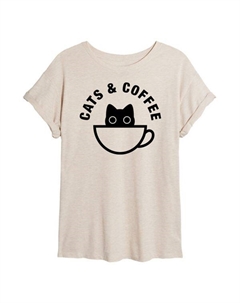 Оверсайз футболка с котиками и кофе для подростков, бежевый Unbranded