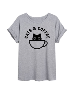 Оверсайз футболка с котиками и кофе для подростков, серый Unbranded
