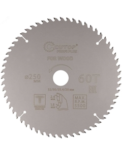 Диск пильный по дереву 75-25060Т с тефлоновым покрытием 60Т, Profi plus, 250 х 1,8/2,6 х 32/30/25,4/20 мм Cutop