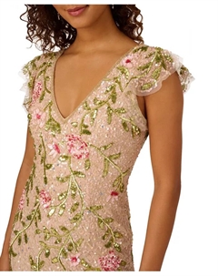 Женское платье с вышивкой бисером и воланами на рукавах из сетчатой ткани, коричневый/бежевый Adrianna papell