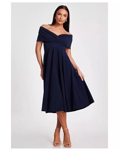 Женское платье-миди с запахом и расклешенной юбкой Scuba Crepe Bardot Wrap, синий Quiz