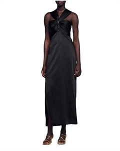 Макси-платье с разрезом и эффектом атласа, черный Sandro