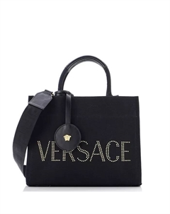 Маленькая сумка-трансформер с логотипом, украшенная заклепками, из парусины, черный Pre-owned versace