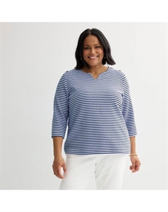 Топ размера плюс с пуговицами на плечах и разрезом на горловине, цвет navy stripe Croft & barrow