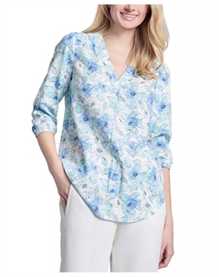 Укороченная туника с V-образным вырезом и рукавом 3/4 из льняной смеси, мультиколор Jones new york