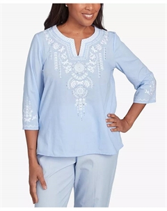 Женский топ с вышивкой St. Thomas круглый вырез голубой, синий Alfred dunner