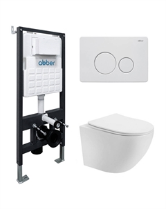Комплект подвесного унитаза с инсталляцией Bequem AC1100T-AC0105-AC0121MW безободковый, смыв торнадо, белый, кнопка белая Abber