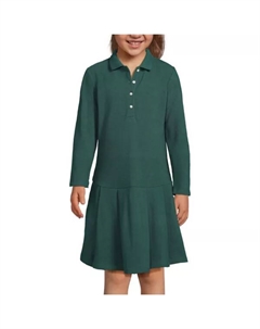 Платье-поло с длинными рукавами и складками для девочек 4-16 лет, цвет evergreen Lands' end