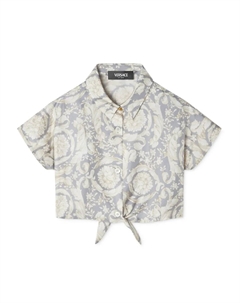 Укороченная шелковая рубашка с принтом Barocco, серый Versace kids