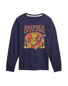 Мальчиковая футболка с длинным рукавом Garfield с принтом в стиле рок и языками пламени, синий Licensed character