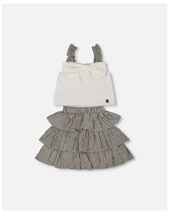 Комплект для девочки с бантом и плиссированной юбкой в белую и черную полоску - Toddler|Child, белый Deux par deux