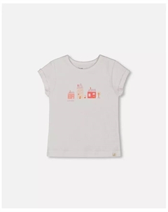 Детская футболка с принтом Flat Back Rib Top With Print White And Pink House для девочек - Toddler|Child, белый Deux par deux