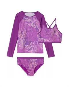 Детский и девичий (6-16 лет) стройный 3-предметный комплект для плавания с защитой от хлора: рашгард, топ бикини и трусики, цвет purple sequin print Lands' end