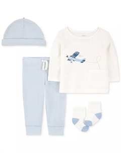 Комплект для мальчиков с самолетиками: топ, шапочка, штанишки и носочки, 4 предмета, синий Carter`s
