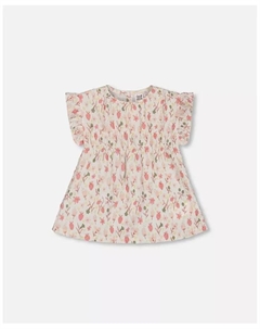 Блузка для девочек постарше из пестроткани с принтом и рюшами "Розовые цветы на кремовом фоне", белый Deux par deux