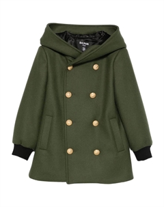 Шерстяное двубортное пальто с капюшоном, зеленый Balmain kids
