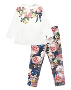 Комплект из топа и брюк с цветочным принтом, белый Monnalisa