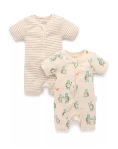 Комплект из 2 комбинезонов с коротким рукавом и молнией для мальчиков и девочек, белый Purebaby