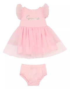 Платье с короткими рукавами и рюшами из сетки для девочки с подгузником, комплект из 2 предметов, розовый Guess