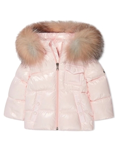 Пуховик с капюшоном и меховой отделкой, розовый Moncler enfant