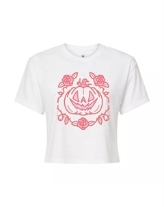 Молодежная кроп-футболка с кокетливым принтом "Тыквенная роза", белый Licensed character