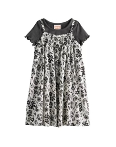 Комплект из двух предметов: тканое платье со сборками и футболка с короткими рукавами для девочек и малышек, цвет black ivory flowers Jumping beans