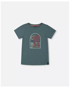 Футболка с коротким рукавом для мальчиков, органический хлопок, с принтом, цвет морской волны и темно-старой розы - Toddler|Child, зеленый Deux par deux