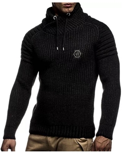 Мужской вязаный зимний пуловер с шалью и капюшоном худи свитшот приталенный с длинным рукавом, серый Leif nelson