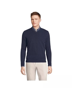 Мужской тонкий джемпер с V-образным вырезом, синий Lands' end