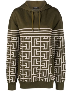 Шерстяное худи в полоску с монограммой, зеленый Balmain