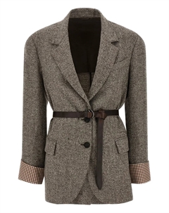 Блейзер с поясом в елочку, коричневый Brunello cucinelli