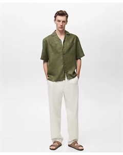 Мужская льняная рубашка с воротником-бабочкой, зеленый Mango