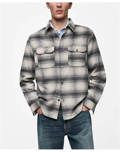 Мужская клетчатая шерстяная рубашка с деталями в виде карманов, серый Mango
