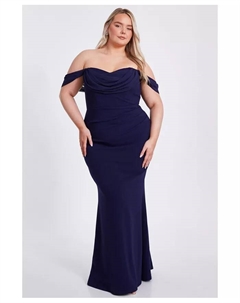 Платье макси с открытыми плечами из крепа и шифона больших размеров, синий Quiz