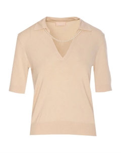 Топ с воротником-поло, украшенный жемчугом, нейтральный Liu jo