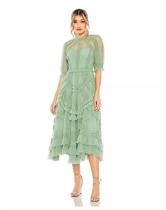Женское платье с высоким воротником, пышными рукавами и ярусами из рюш, зеленый Mac duggal