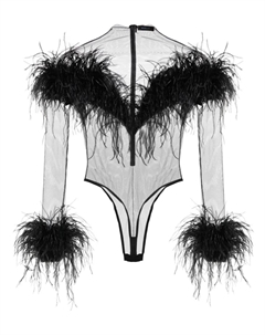 Сетчатое боди с перьями, черный Mugler