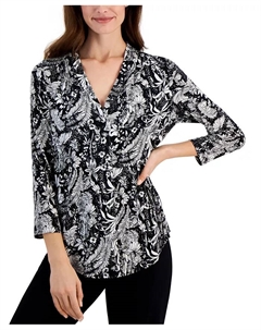 Женский вязаный топ с принтом и V-образным вырезом, с рукавом 3/4, черный Jm collection