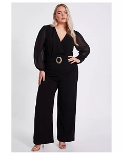 Плюс сайз комбинезон с запахом и пряжкой из шифона, черный Quiz