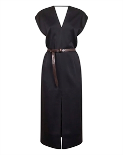 Платье миди с V-образным вырезом и кожаным ремнем, черный Brunello cucinelli