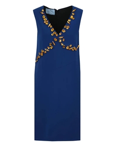 Платье с V-образным вырезом, украшенное кристаллами, синий Prada